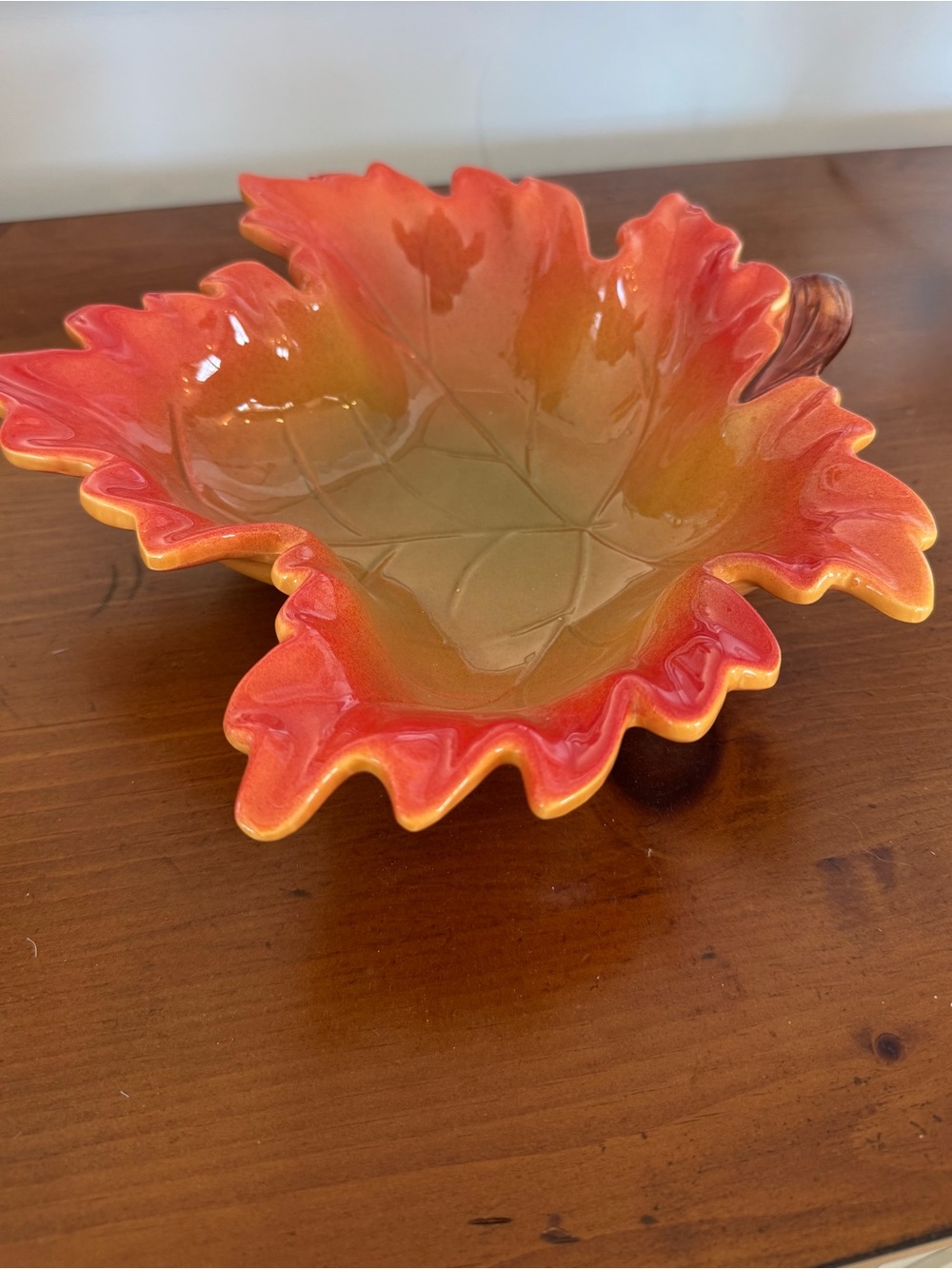 Glazed Ceramic Leaf Bowl in Red and Orange